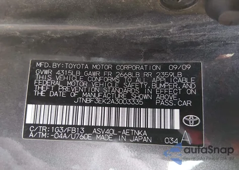 2010 Toyota Camry Le z USA, uszkodzony, nr VIN JTNBF3EK2A3003335